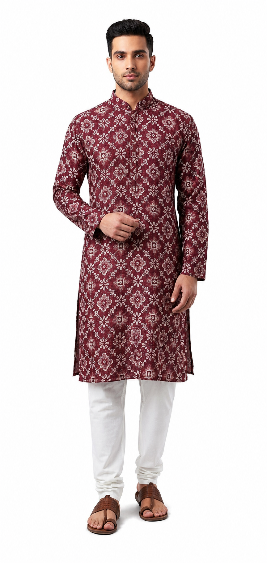 CHICKENKARY WORK PRINTED KURTA FOR MEN (MAROON)