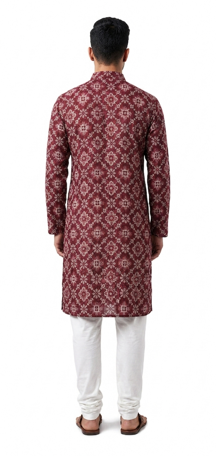 CHICKENKARY WORK PRINTED KURTA FOR MEN (MAROON)