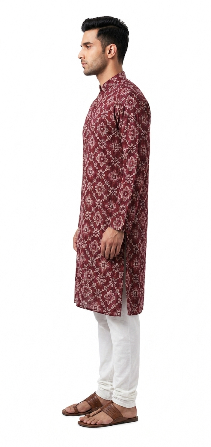 CHICKENKARY WORK PRINTED KURTA FOR MEN (MAROON)