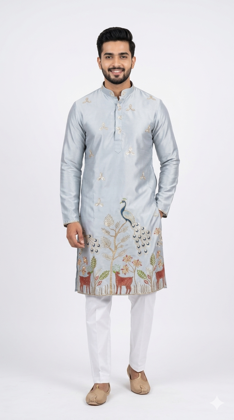 DAMAN EMBROIDED KURTA FOR MEN (GREY)